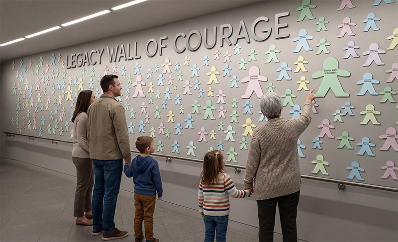 Family viewing ChildSafe's Legacy Wall of Courage